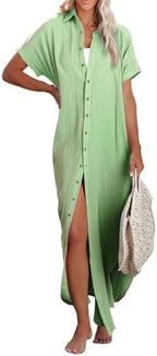 Rolled-Up Short Sleeve Maxi Button Up Shirt Dress XD21