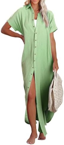 Rolled-Up Short Sleeve Maxi Button Up Shirt Dress XD21