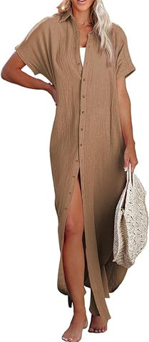 Rolled-Up Short Sleeve Maxi Button Up Shirt Dress XD21