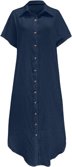 Rolled-Up Short Sleeve Maxi Button Up Shirt Dress XD21