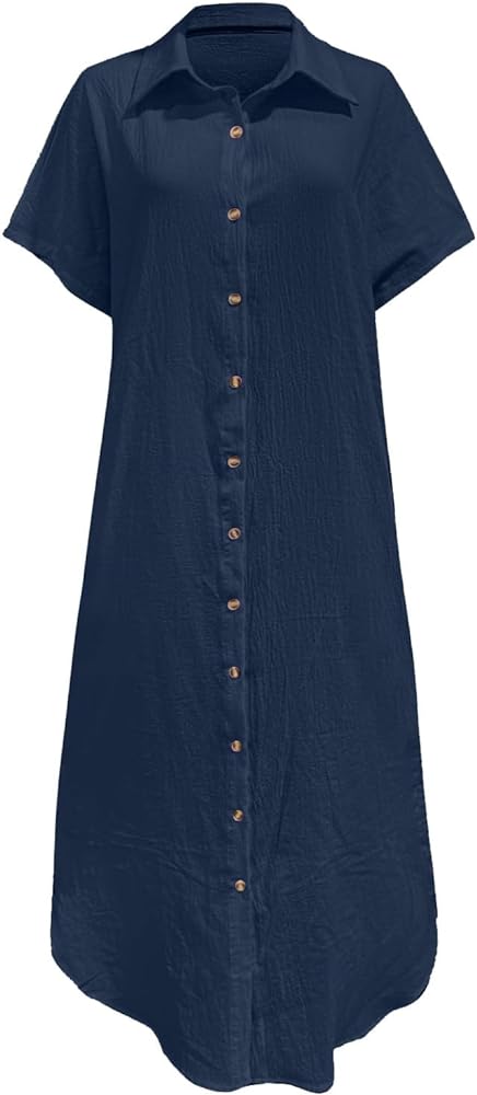 Rolled-Up Short Sleeve Maxi Button Up Shirt Dress XD21