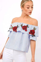 Rosé embroidery off shoulder grill top XD21