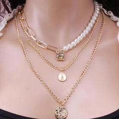 Round Faux Pearl Coin Multi-layer Necklace XD21