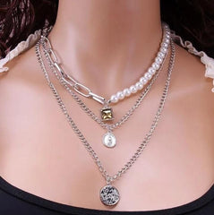 Round Faux Pearl Coin Multi-layer Necklace XD21