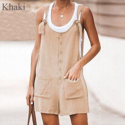 Round Neck Button Loose Short Jumpsuit XD21