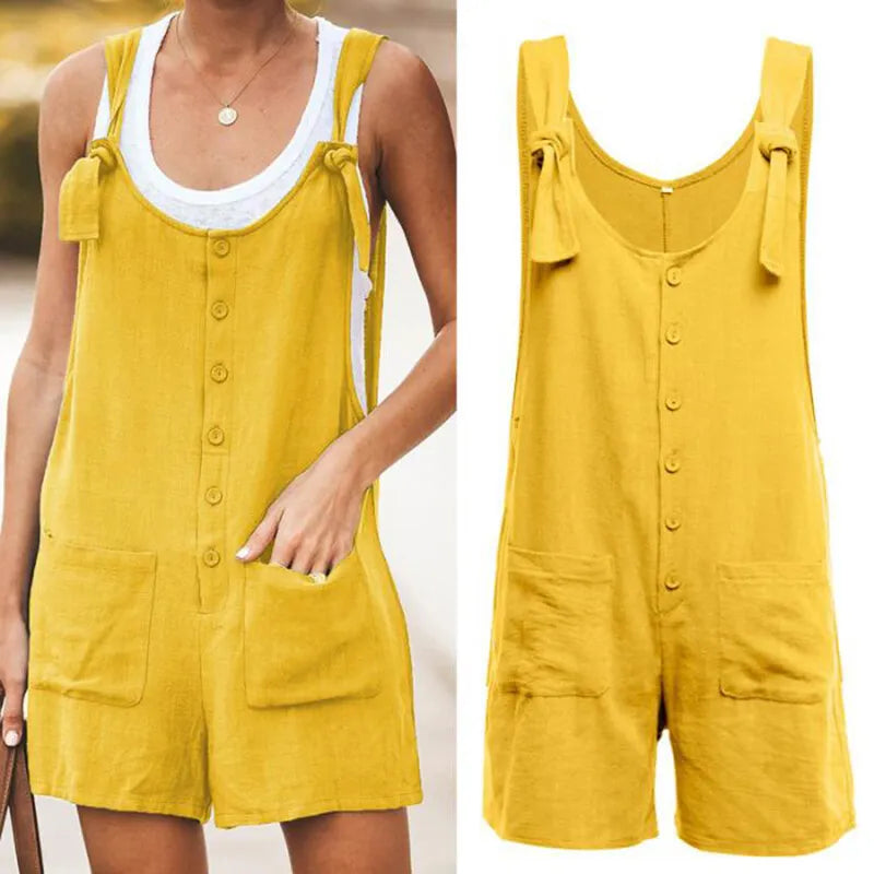 Round Neck Button Loose Short Jumpsuit XD21