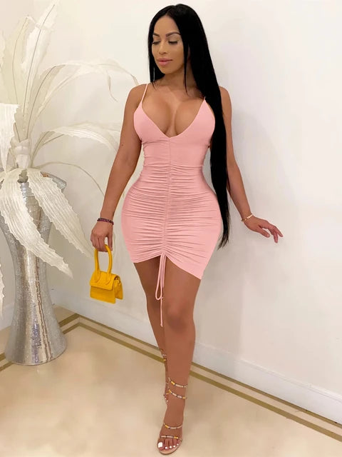 Ruched Bandage Drawstring Mini Dress XD21
