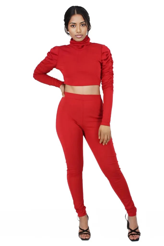 Ruched Puff Sleeve Turtle Neck With Leggings Set XD21