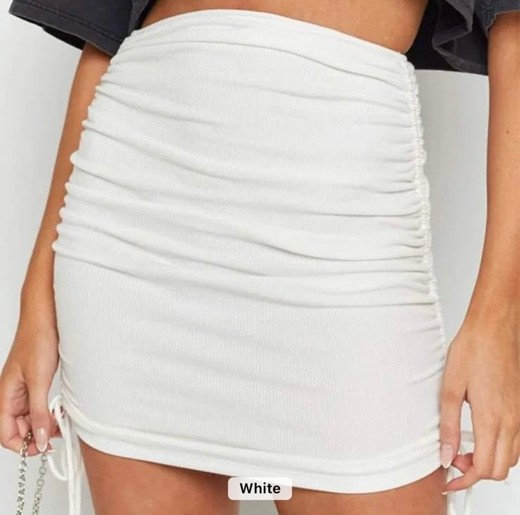 Ruched Ribbed Knotted Mini Drawstring Skirt XD21