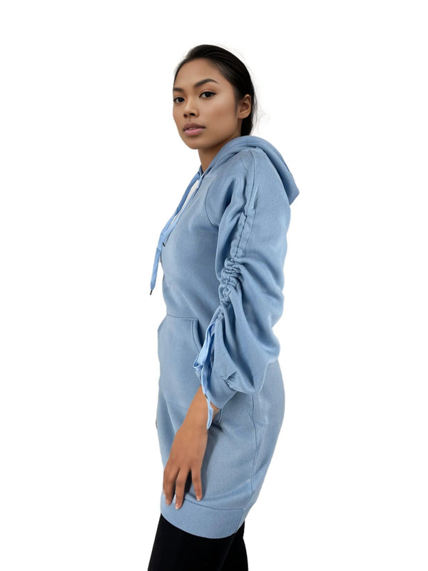 Ruched Sleeve Hoodie Mini Dress With Pockets