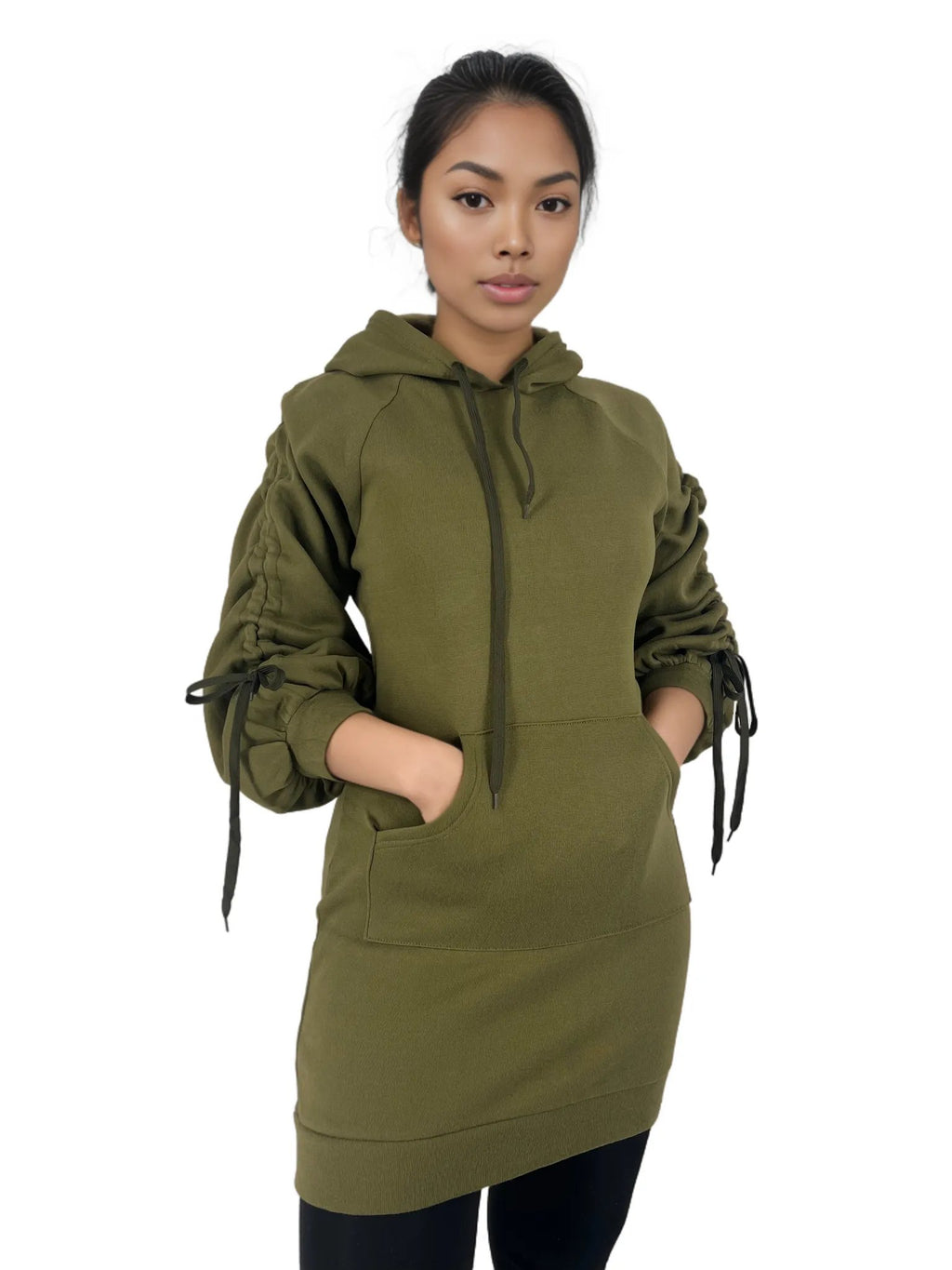 Ruched Sleeve Hoodie Mini Dress With Pockets XD21