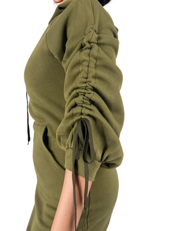 Ruched Sleeve Hoodie Mini Dress With Pockets