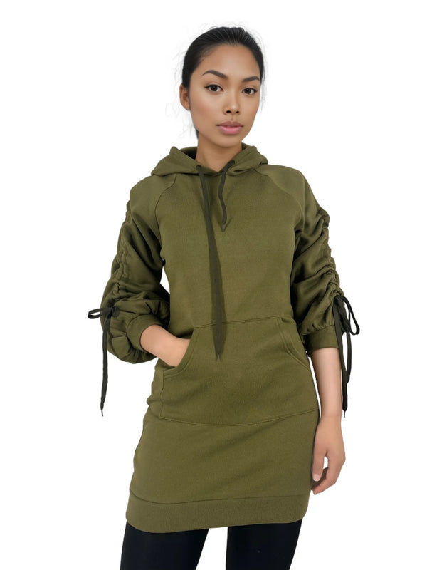 Ruched Sleeve Hoodie Mini Dress With Pockets