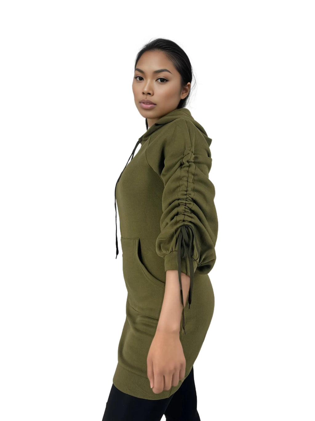 Ruched Sleeve Hoodie Mini Dress With Pockets XD21
