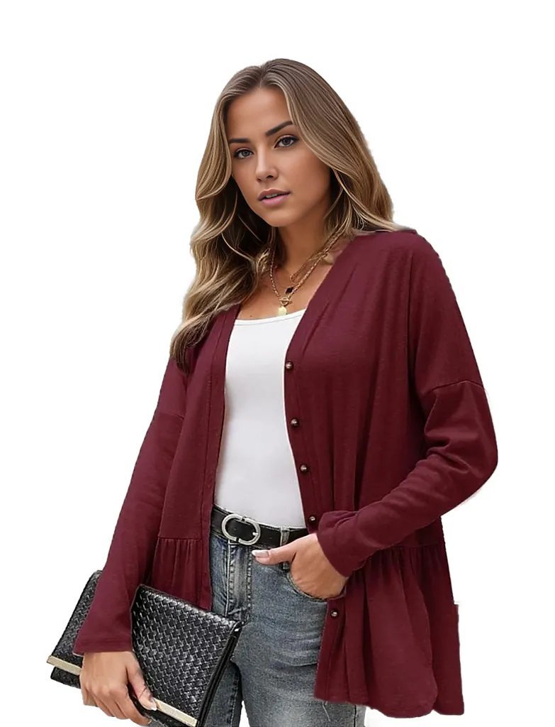Ruffle Side Slit Long Sleeve Cardigan Sweater XD21