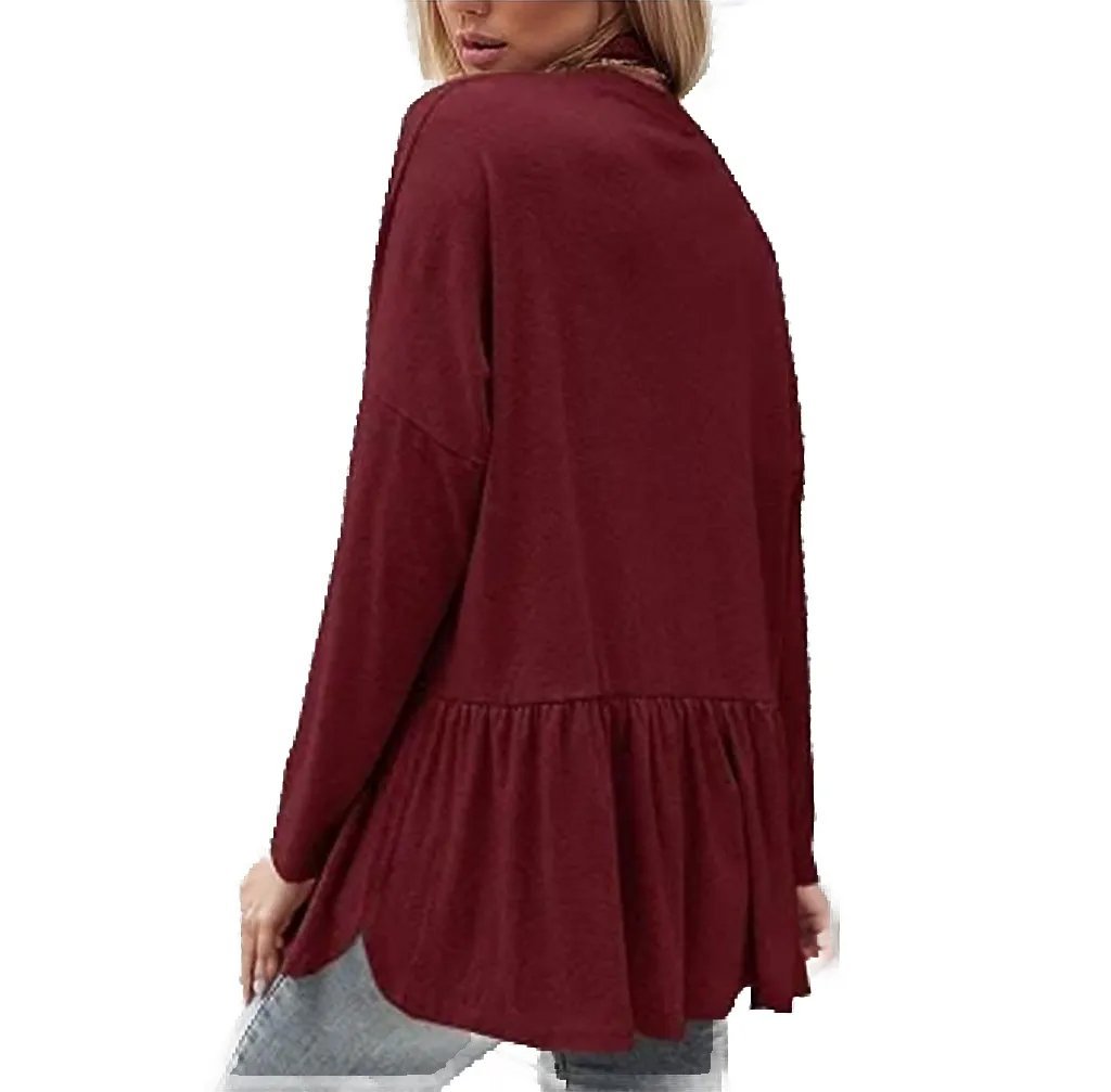 Ruffle Side Slit Long Sleeve Cardigan Sweater XD21