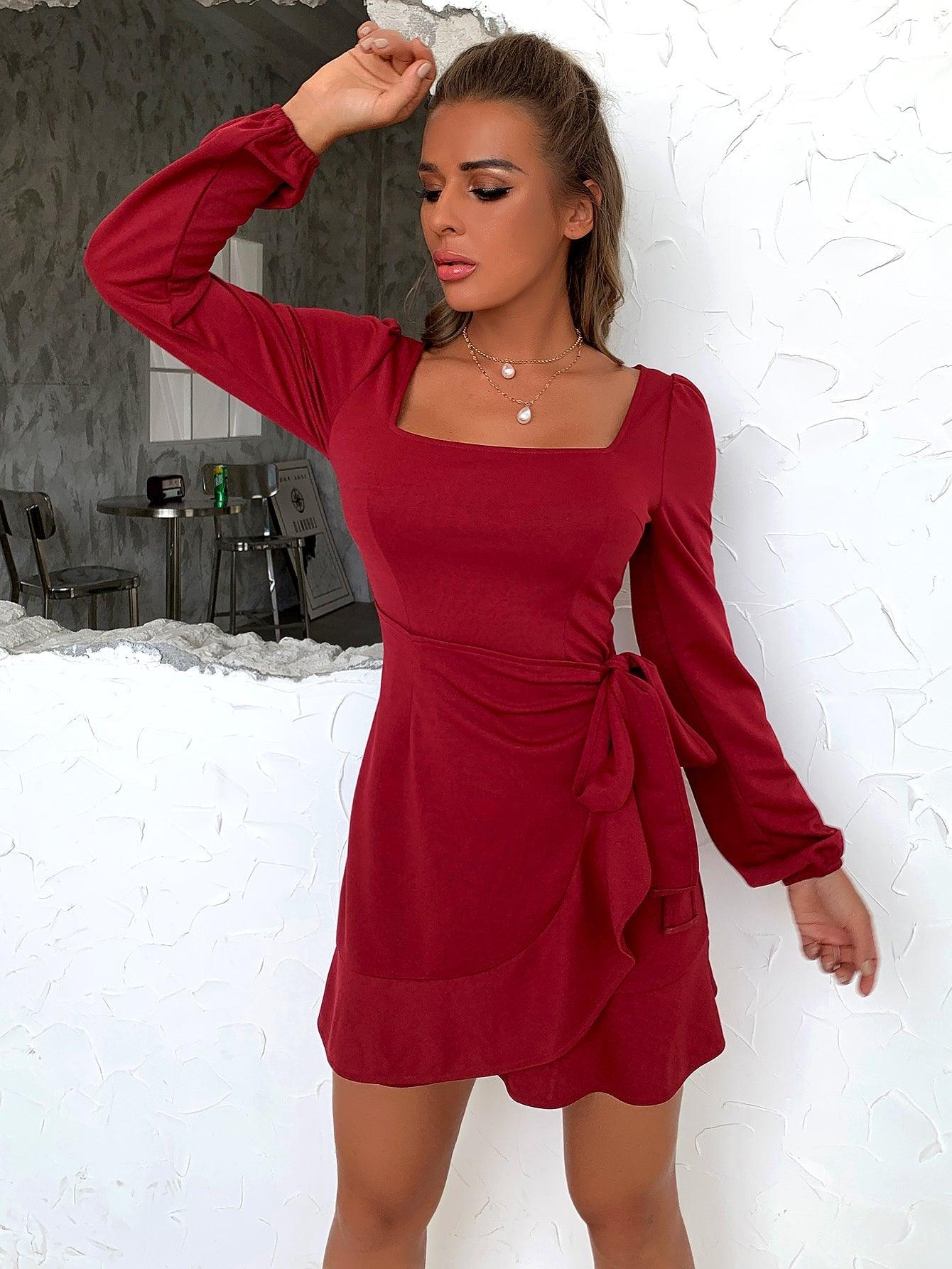 Pofash Ruffle Solid Bow Mini Dress Xs