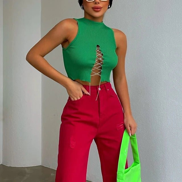 Chain Lace Up Front Cropped Top