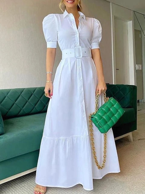 Black Short Puff Sleeve Maxi Dress with Belt
