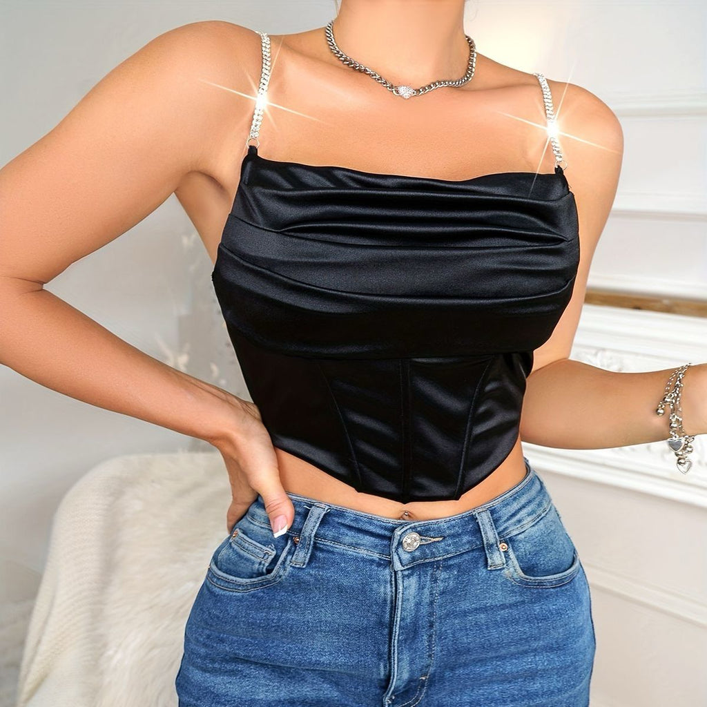 Satin Corset Crop Top with Rhinestone Straps XD21
