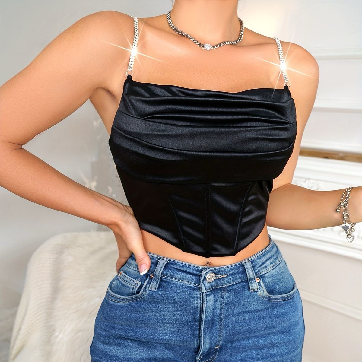 Satin Corset Crop Top with Rhinestone Straps XD21