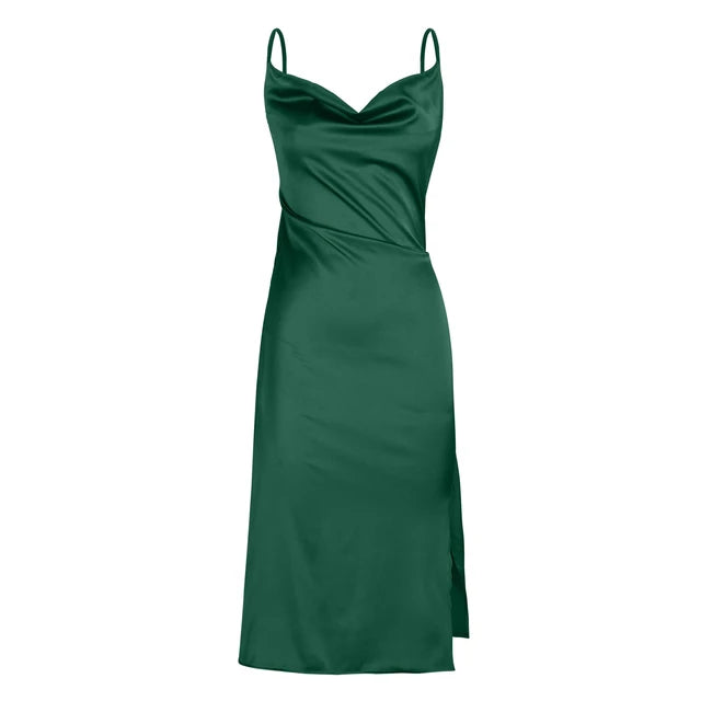 Satin Draped Cowl Neck Sleeveless midi Dress XD21