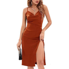 Satin Draped Cowl Neck Sleeveless midi Dress XD21