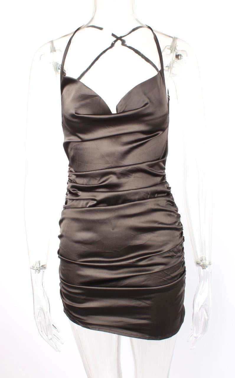 Satin Ruched Crisscross Cami Mini Dress No Diamond Strap XD21