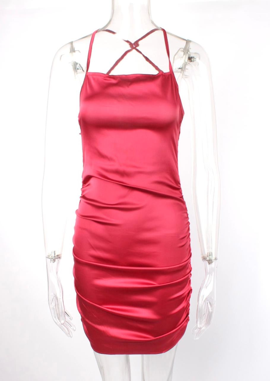 Satin Ruched Crisscross Cami Mini Dress No Diamond Strap XD21