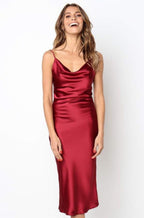 Satin Spaghetti Straps Cowl Neck Back Slit Midi Dress XD21