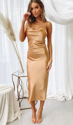 Satin Spaghetti Straps Cowl Neck Back Slit Midi Dress XD21