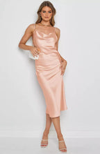 Satin Spaghetti Straps Cowl Neck Back Slit Midi Dress XD21
