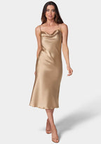 Satin Spaghetti Straps Cowl Neck Back Slit Midi Dress XD21