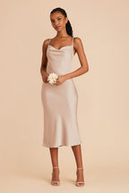 Satin Spaghetti Straps Cowl Neck Back Slit Midi Dress XD21