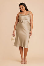 Satin Spaghetti Straps Cowl Neck Back Slit Midi Dress XD21