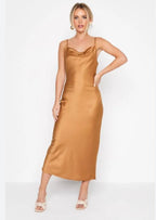 Satin Spaghetti Straps Cowl Neck Back Slit Midi Dress XD21