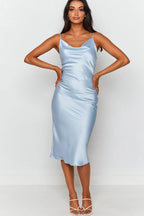 Satin Spaghetti Straps Cowl Neck Back Slit Midi Dress XD21