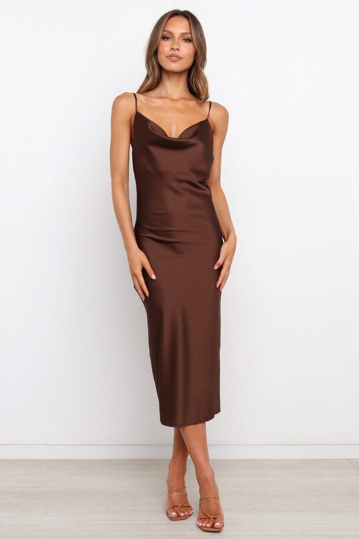 Satin Spaghetti Straps Cowl Neck Back Slit Midi Dress XD21
