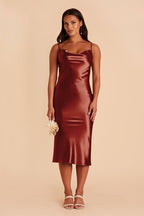 Satin Spaghetti Straps Cowl Neck Back Slit Midi Dress XD21