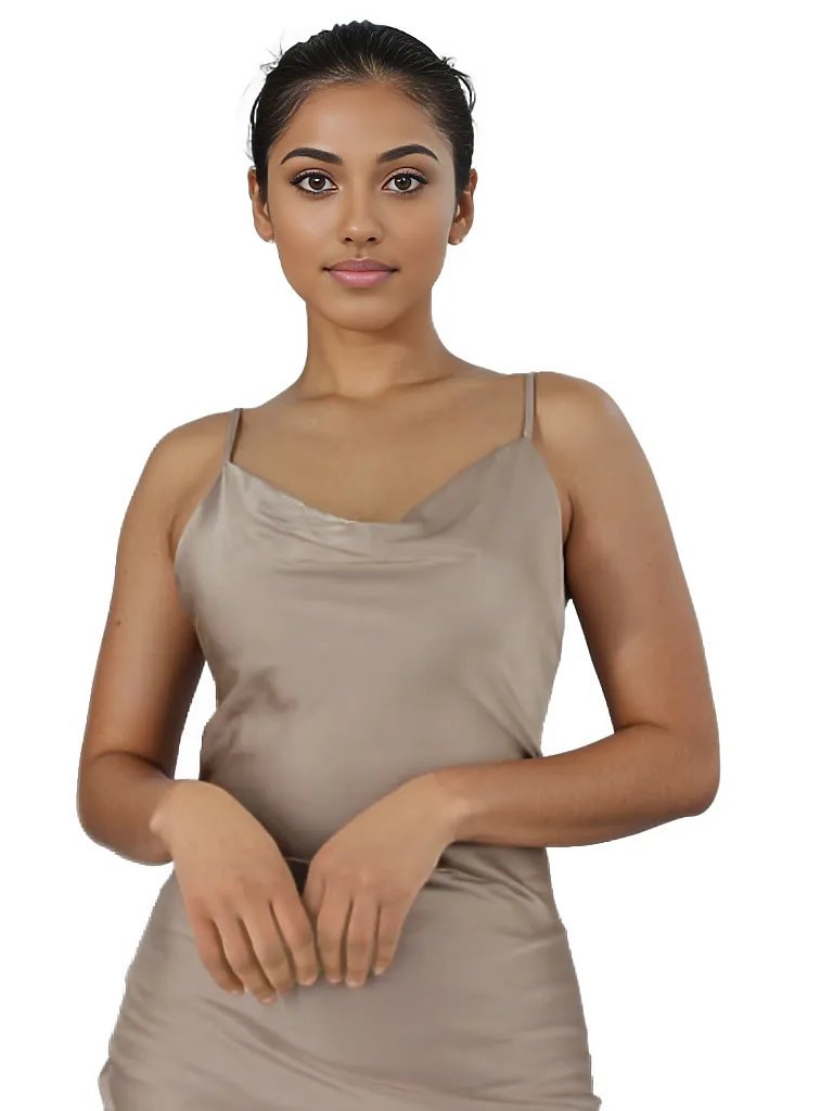 Satin Spaghetti Straps Cowl Neck Back Slit Midi Dress XD21