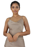 Satin Spaghetti Straps Cowl Neck Back Slit Midi Dress XD21