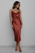 Satin Spaghetti Straps Cowl Neck Back Slit Midi Dress XD21