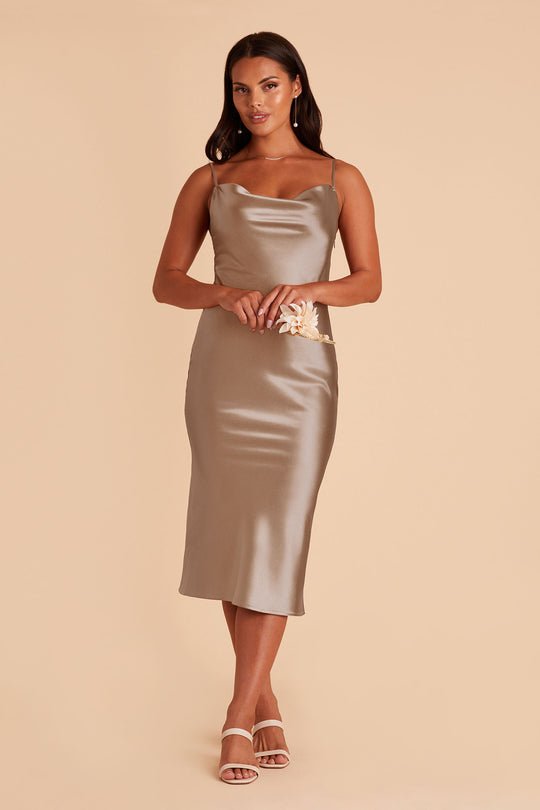 Satin Spaghetti Straps Cowl Neck Back Slit Midi Dress XD21