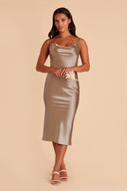 Satin Spaghetti Straps Cowl Neck Back Slit Midi Dress XD21