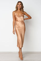 Satin Spaghetti Straps Cowl Neck Back Slit Midi Dress XD21