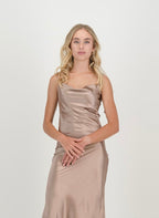 Satin Spaghetti Straps Cowl Neck Back Slit Midi Dress XD21