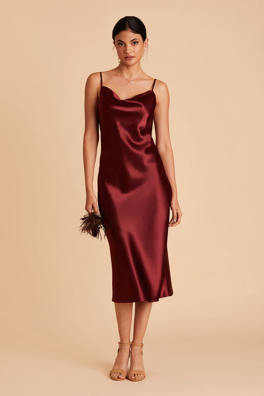 Satin Spaghetti Straps Cowl Neck Back Slit Midi Dress XD21