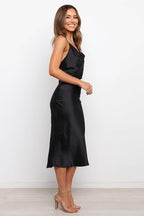 Satin Spaghetti Straps Cowl Neck Back Slit Midi Dress XD21