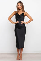 Satin Spaghetti Straps Cowl Neck Back Slit Midi Dress XD21