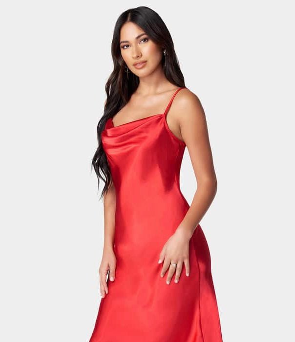 Satin Spaghetti Straps Cowl Neck Back Slit Midi Dress XD21